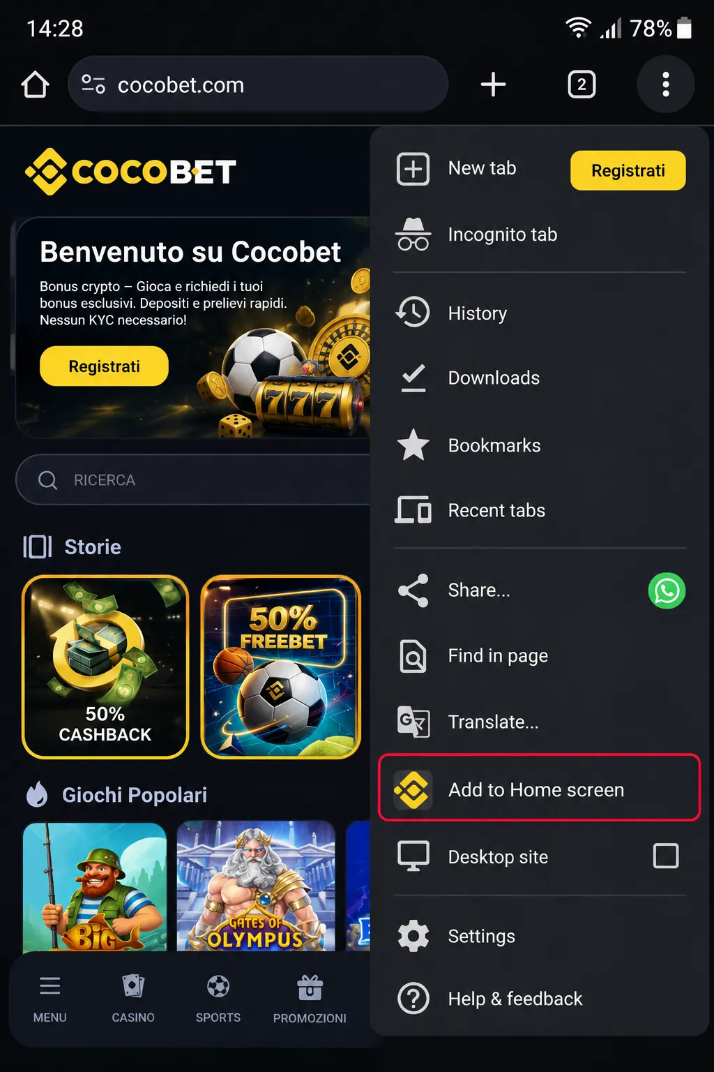 Add to Home screen option in the Android browser menu on Cocobet